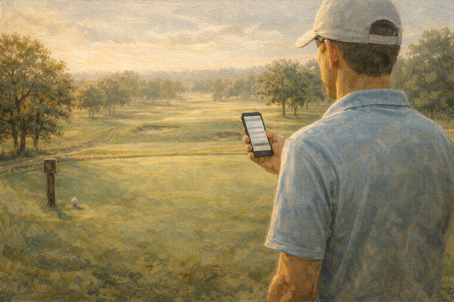 A golfer checking their phone on the first tee